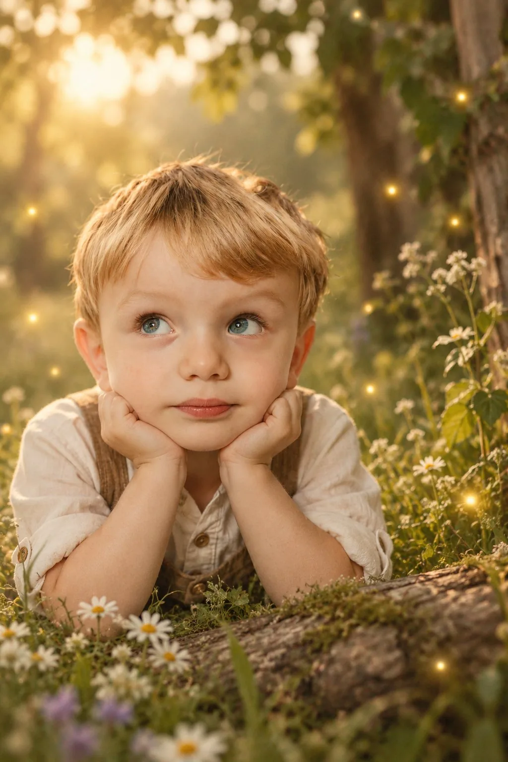 After: the same child reimagined in a whimsical, firefly-lit storybook forest by Face2Face Creations