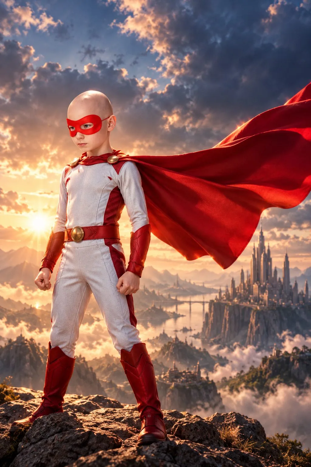 After: the same child reimagined as a cinematic superhero in an original fantasy skyline by Face2Face Creations