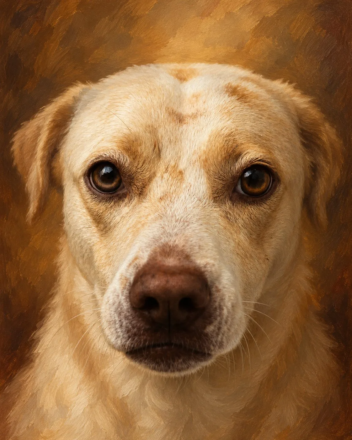 After: the same Labrador reimagined as a classic painted pet portrait by Face2Face Creations