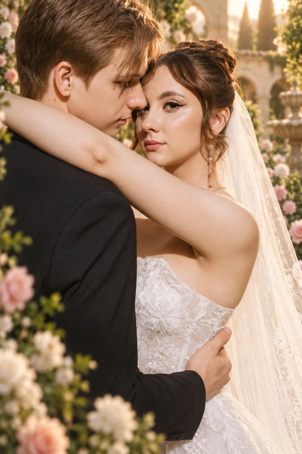 Before: bride and groom embracing outdoors on plain lawn